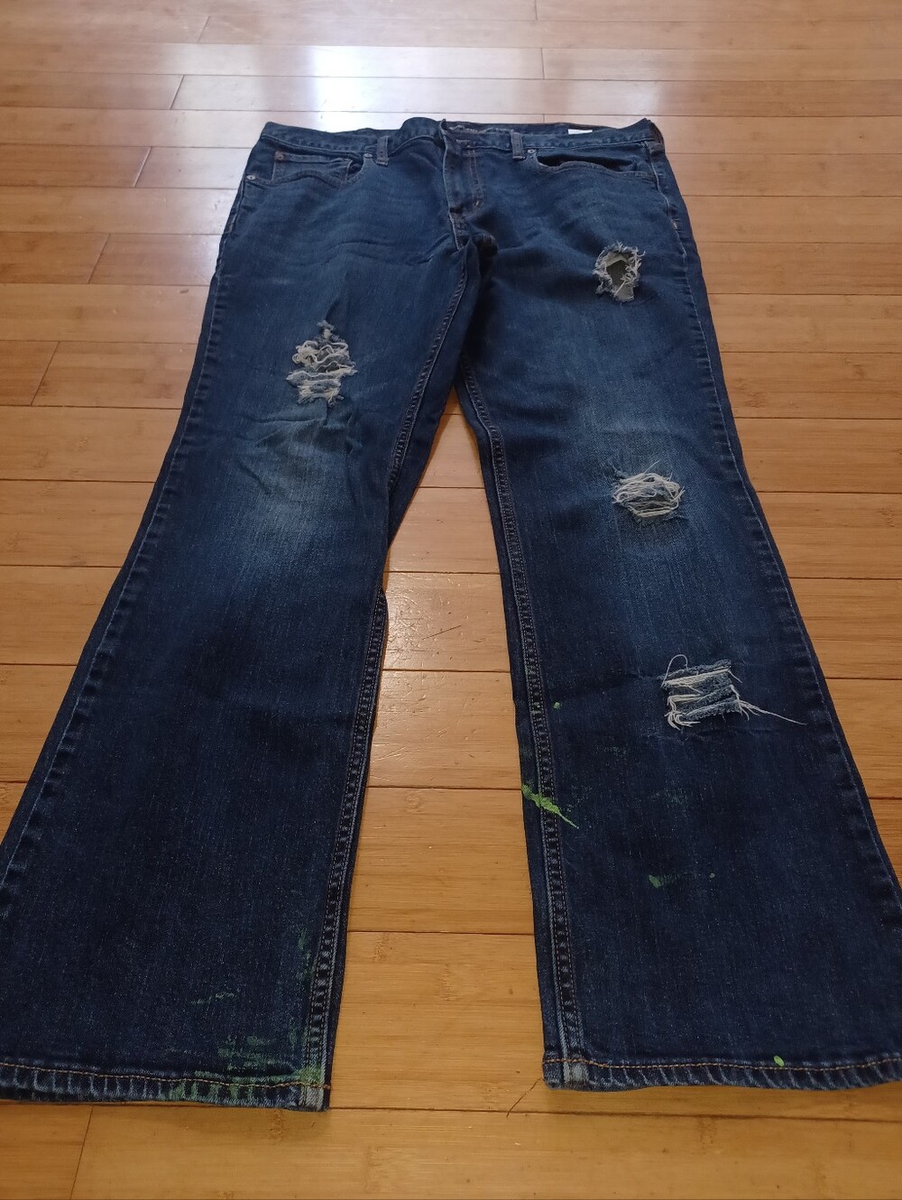 Dark Wash Distressed Bootcut Jeans with Paint Splatter